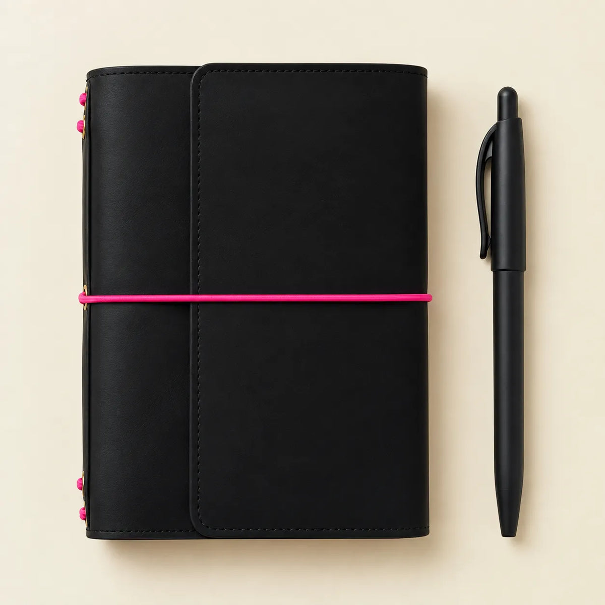 Genuine black leather notebook cover with bright pink elastic closures