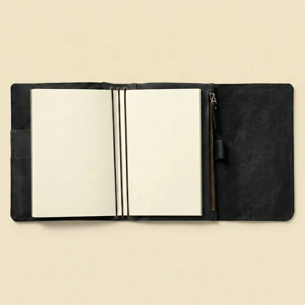 Refillable leather notebook cover with pen loop and storage pockets.