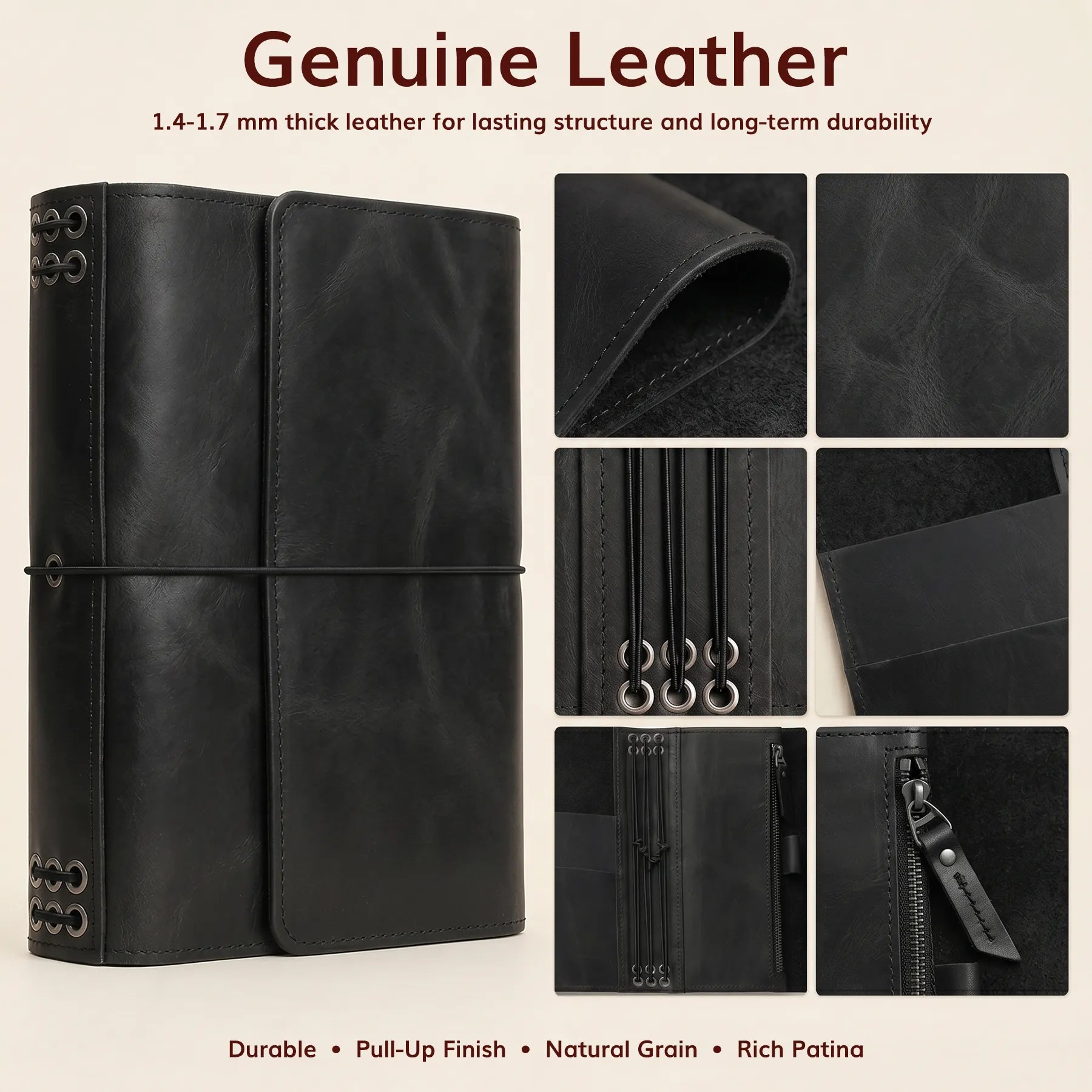 Personalized leather planner organizer with refillable notebooks and functional pockets