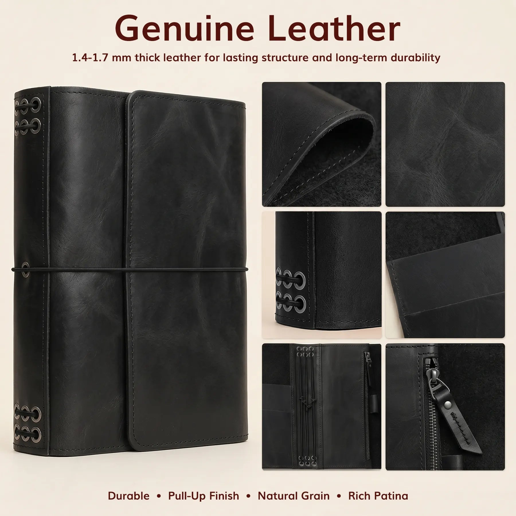Handmade leather notebook organizer featuring premium leather, elastic straps, and convenient accessory pockets.