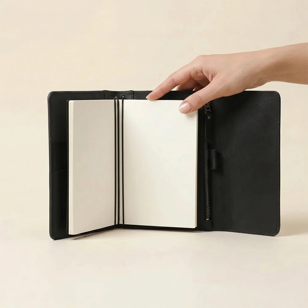 Elegant leather journal organizer with pockets, pen holder, and elastics.
