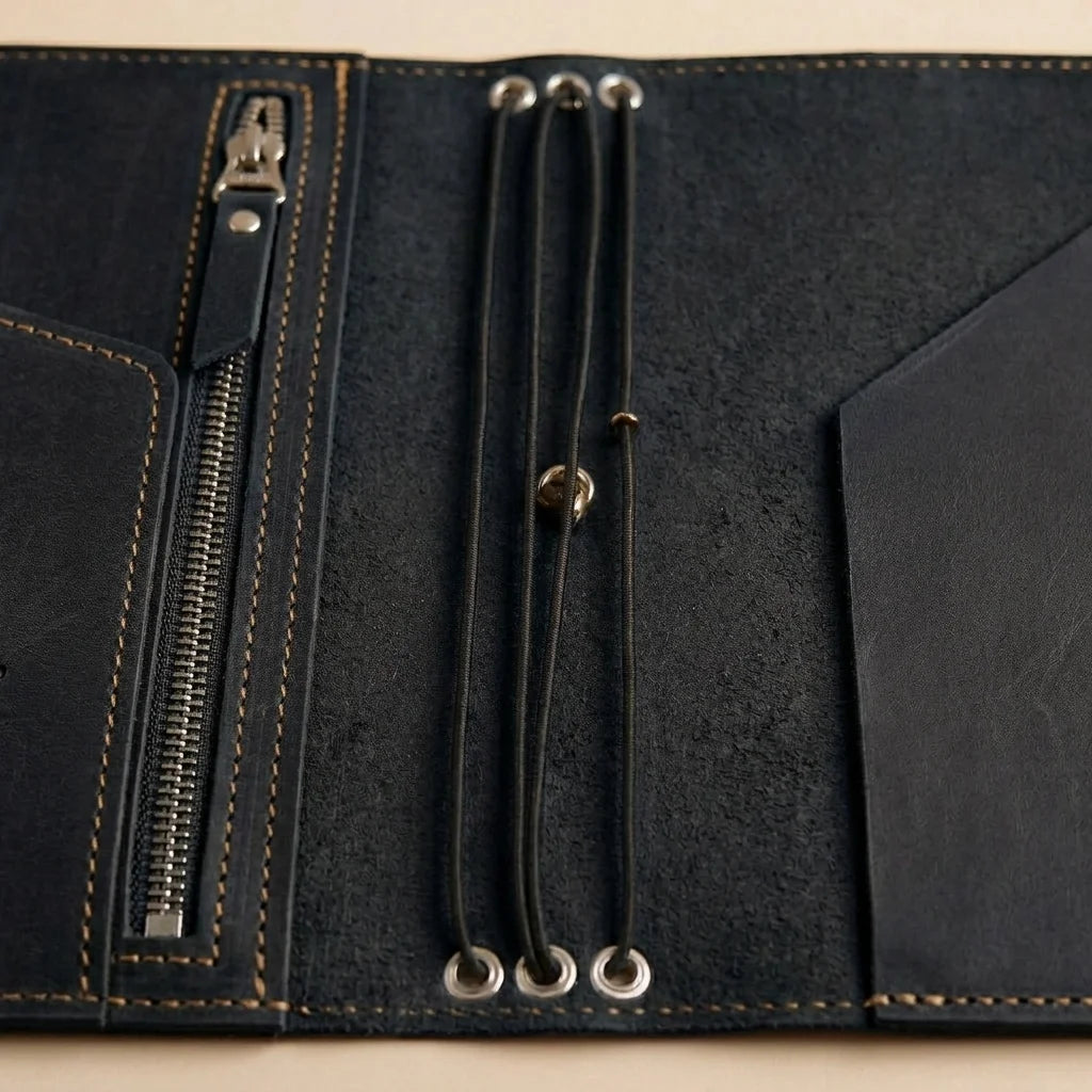 Close-up of a black leather journal with zipper and card holder.