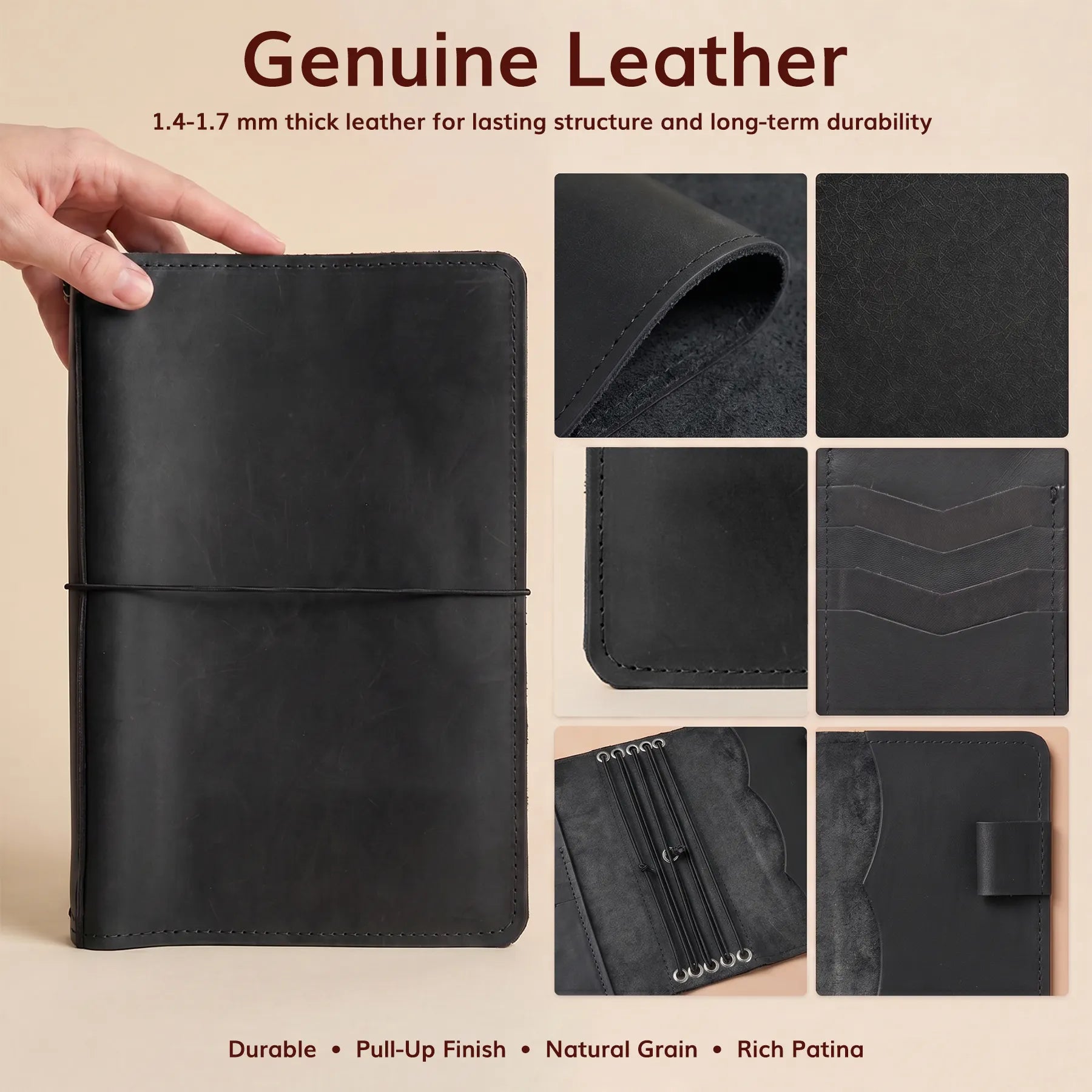 Handmade leather planner cover with elastic bands, storage pockets, and functional everyday organization.