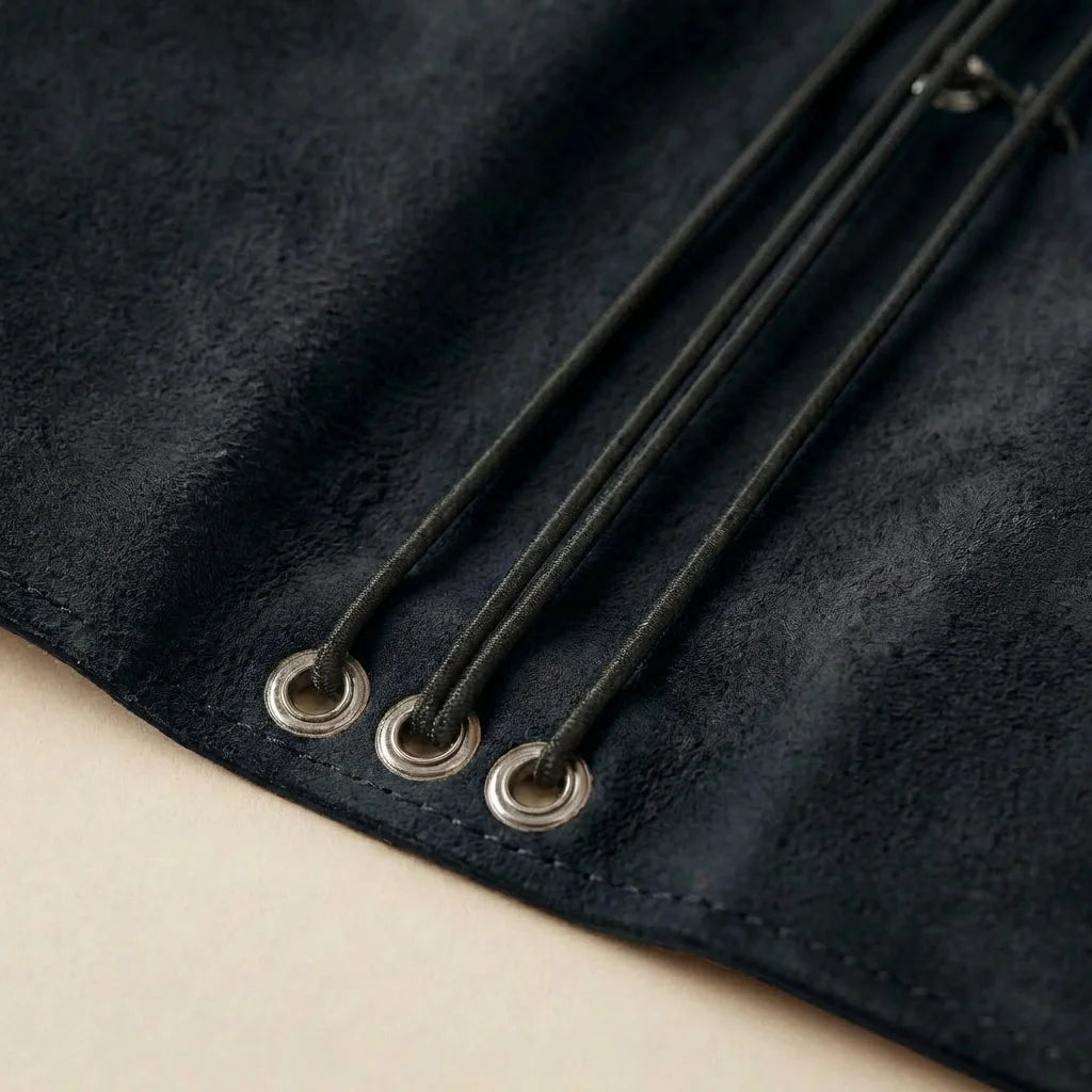 Close-up of black leather straps with metal eyelets on a dark textured surface.