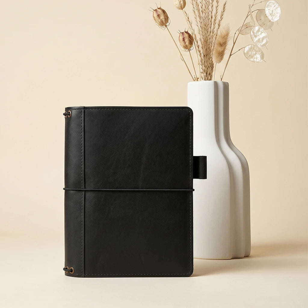 Leather journal wrap with flexible notebook elastics and pocket organizers