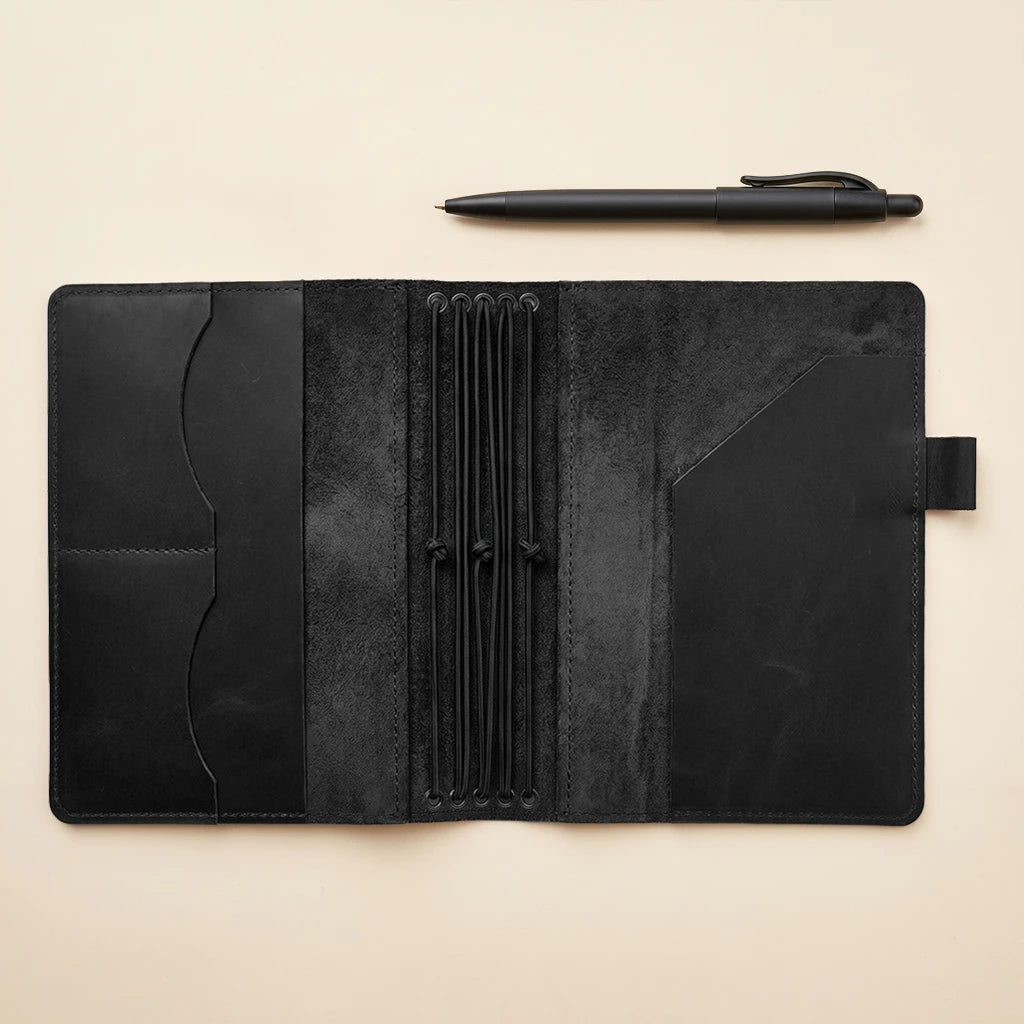 Elegant leather journal cover with refillable notebook system and pen loop