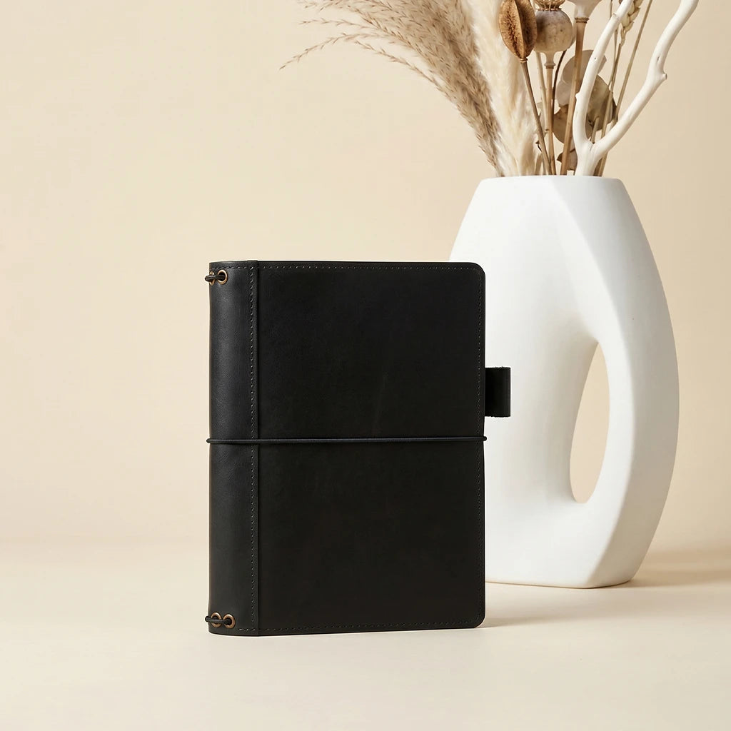 Genuine leather writing cover with interior organizers and elastic notebook bands
