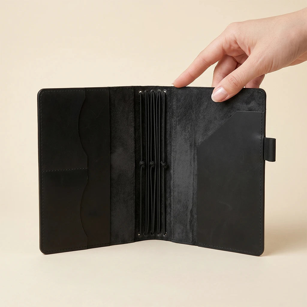 Leather notebook organizer crafted with five elastic holders and storage pockets