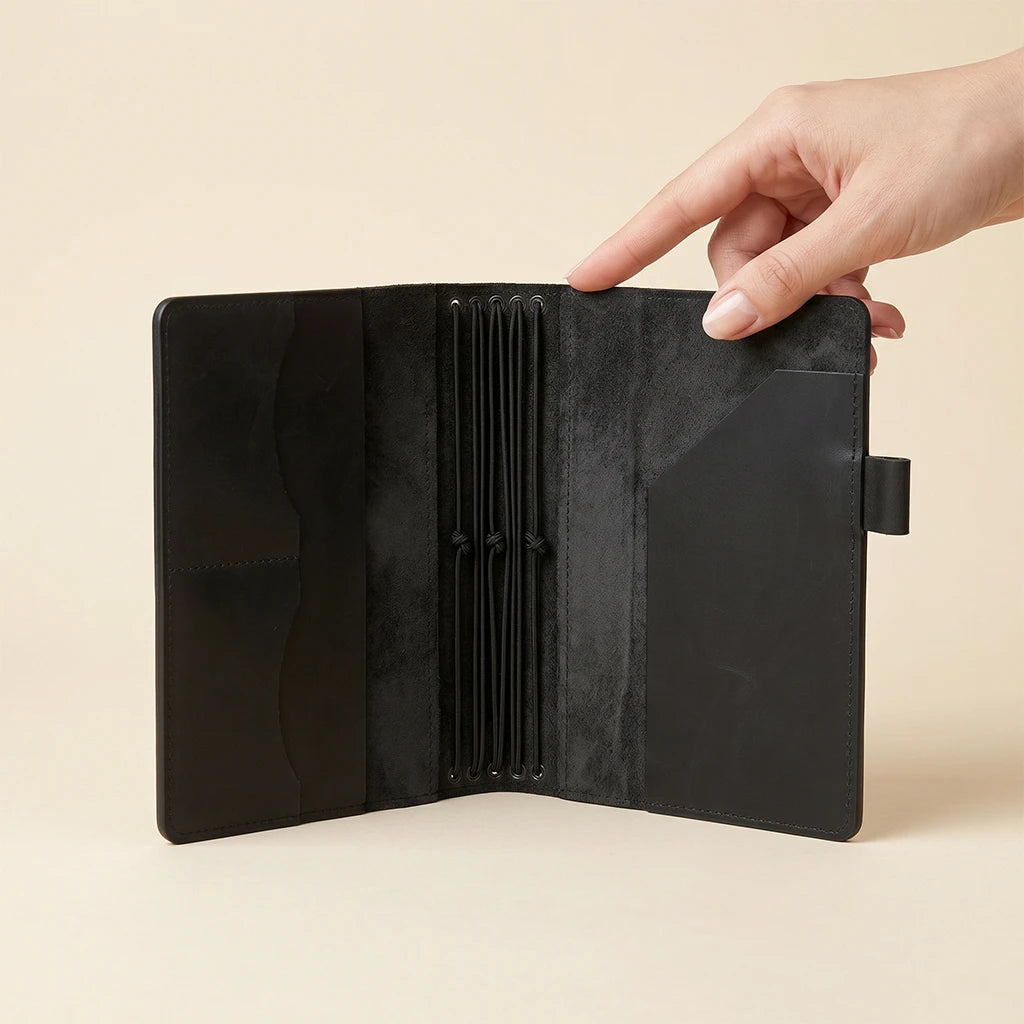 Leather planner cover with practical pockets and built-in pen holder