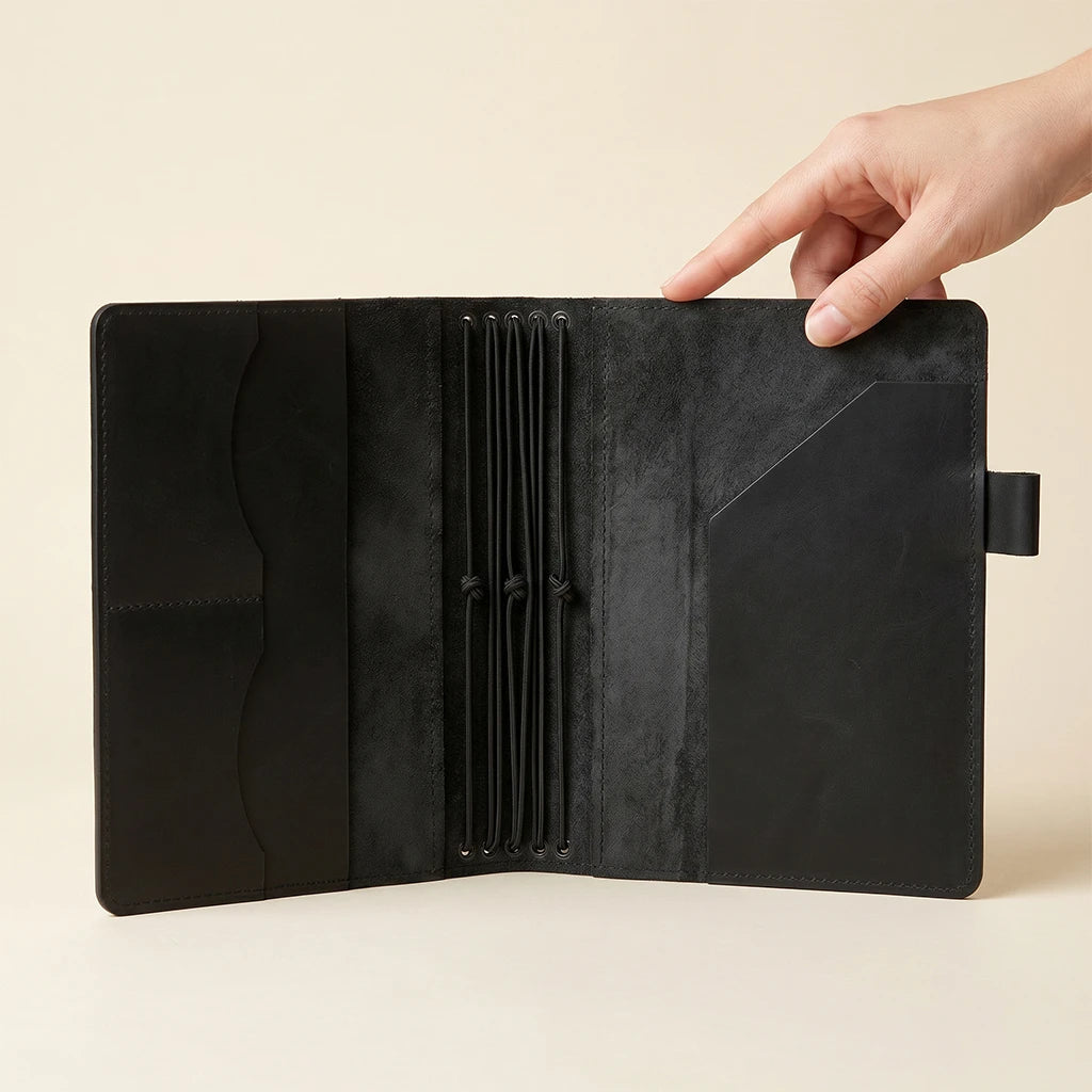 Travel-style leather journal organizer with elastic insert straps and pockets