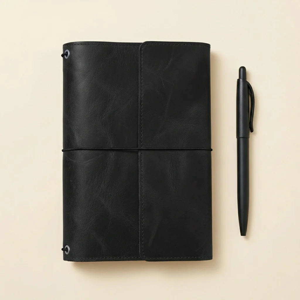Black leather notebook and pen on a beige background