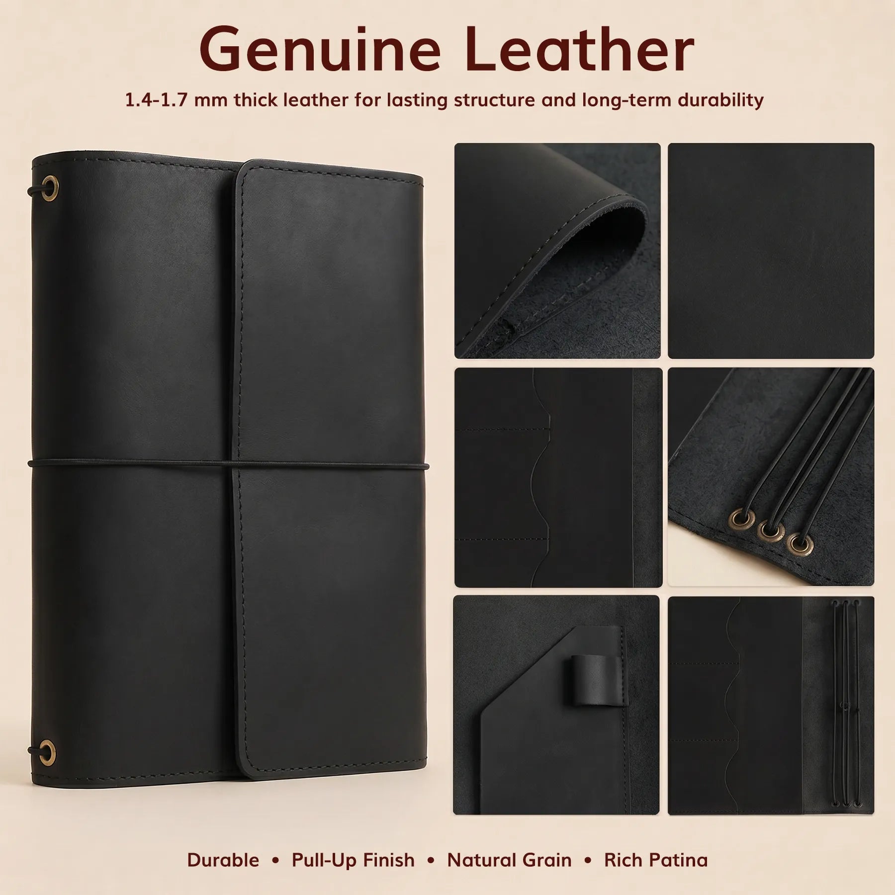 Personalized leather journal organizer with card slots and elastic notebook bands