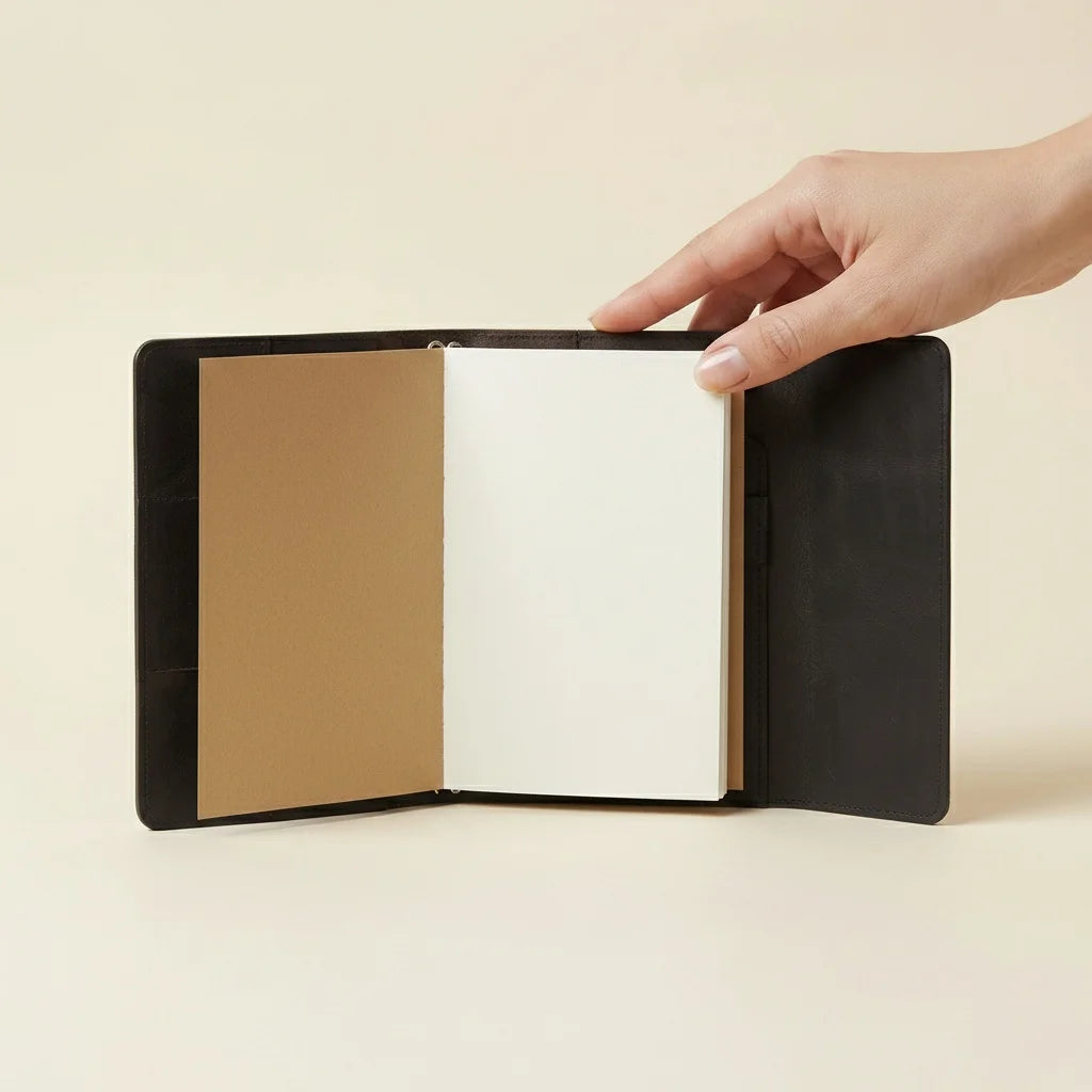Hand holding a black leather journal open to show interior compartments on a beige background