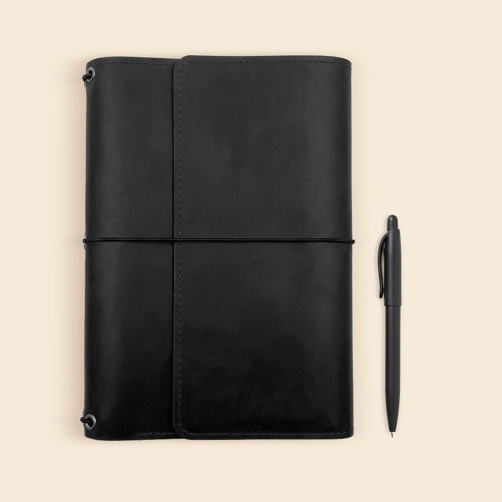 Handmade leather notebook portfolio with elegant interior layout for journals and accessories.