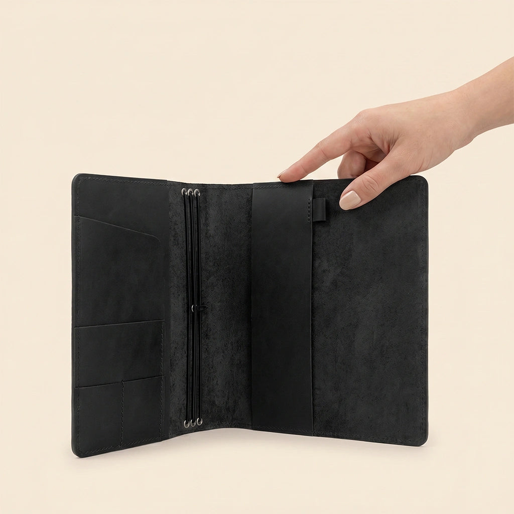 Refillable leather notebook cover built for everyday planning, journaling, and note taking.