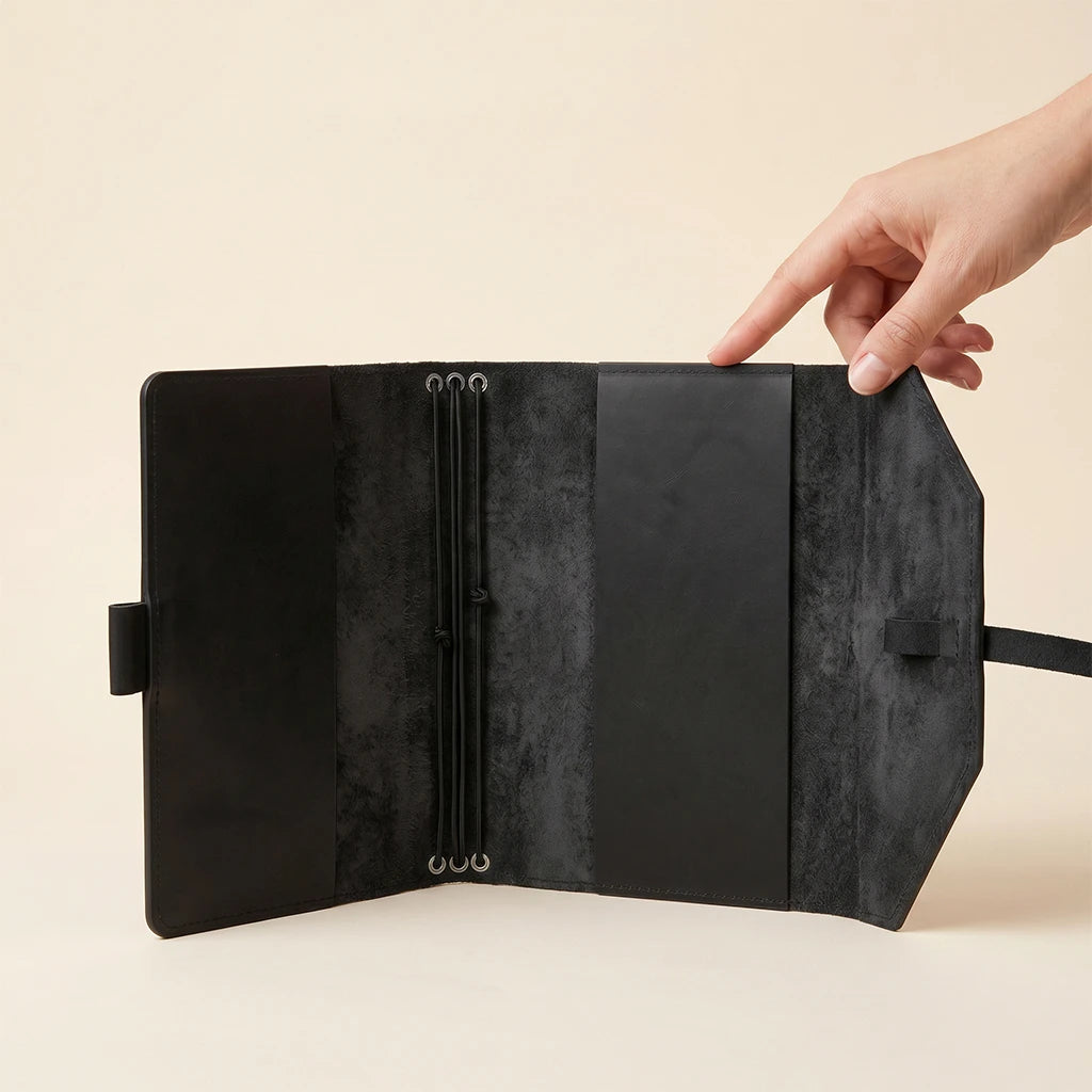 Timeless leather notebook wrap keeping pages protected and pen accessible.