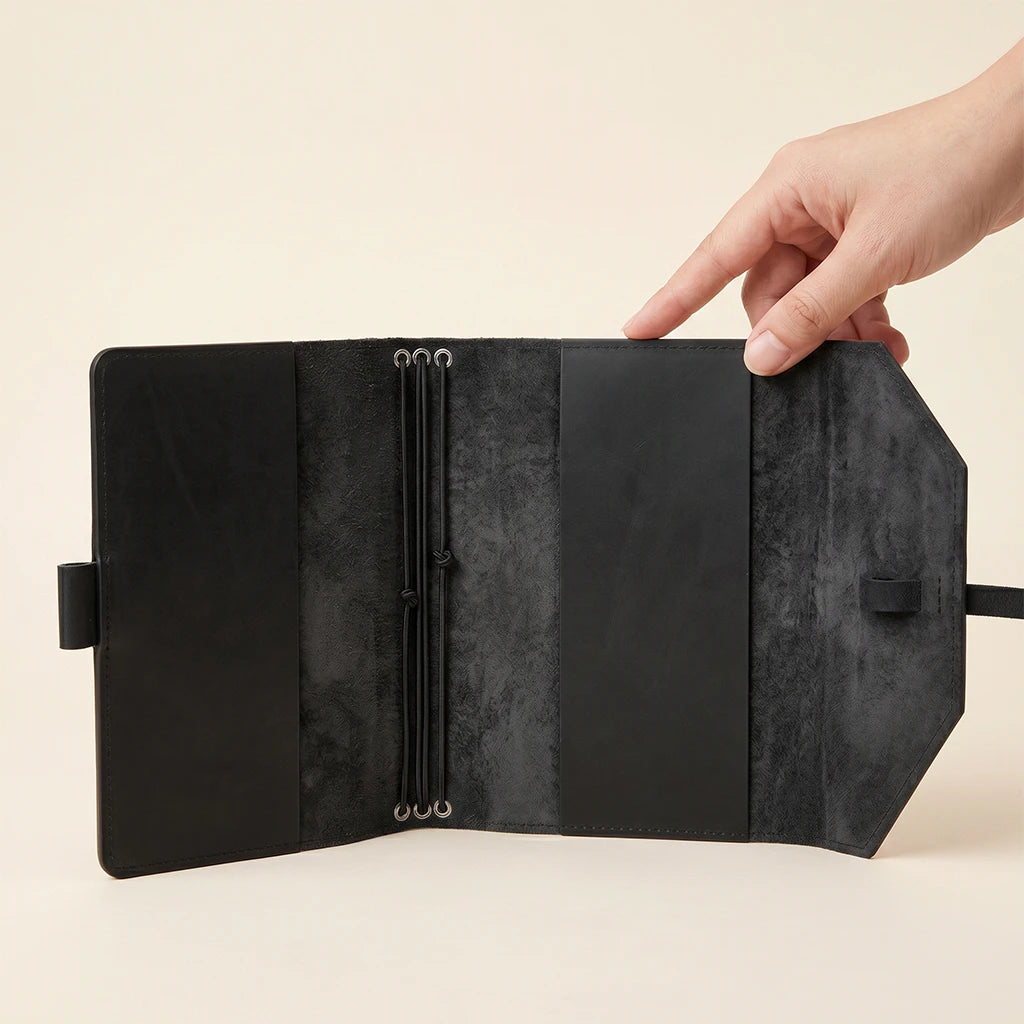 Handmade leather notebook protector with elastic closure and attached pen loop.