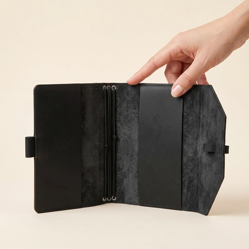 Premium handmade leather notebook cover with elastic closure and pen loop.