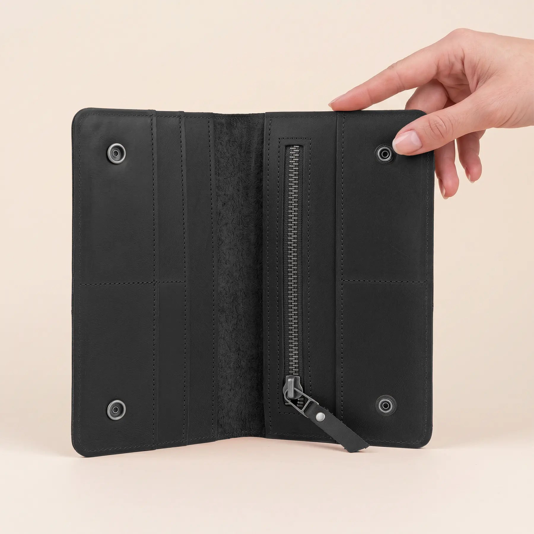 Long leather wallet with premium genuine leather, interior zipper compartment, and convenient card organization.