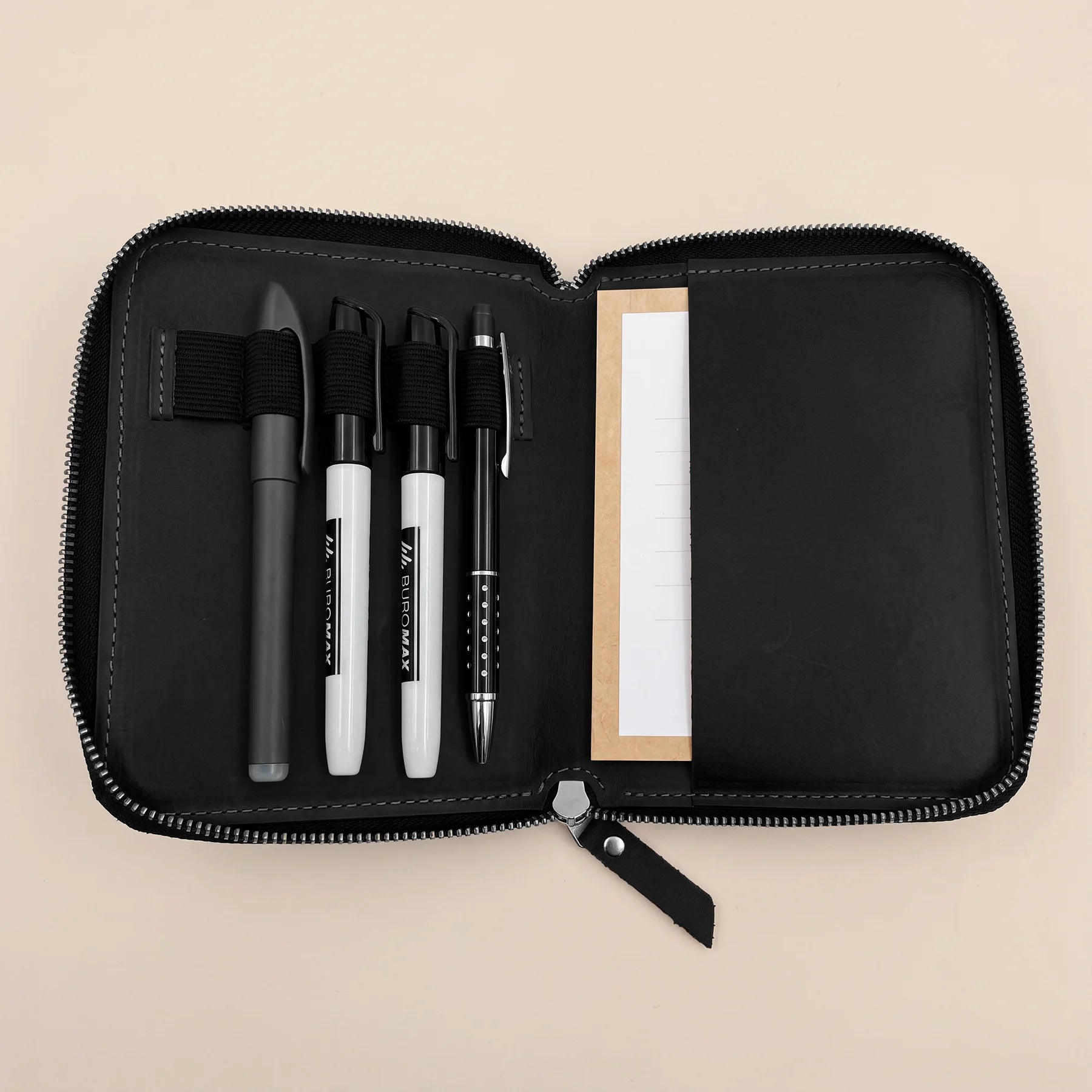 Elegant leather zip wallet designed for pens, pencils, and small office essentials.