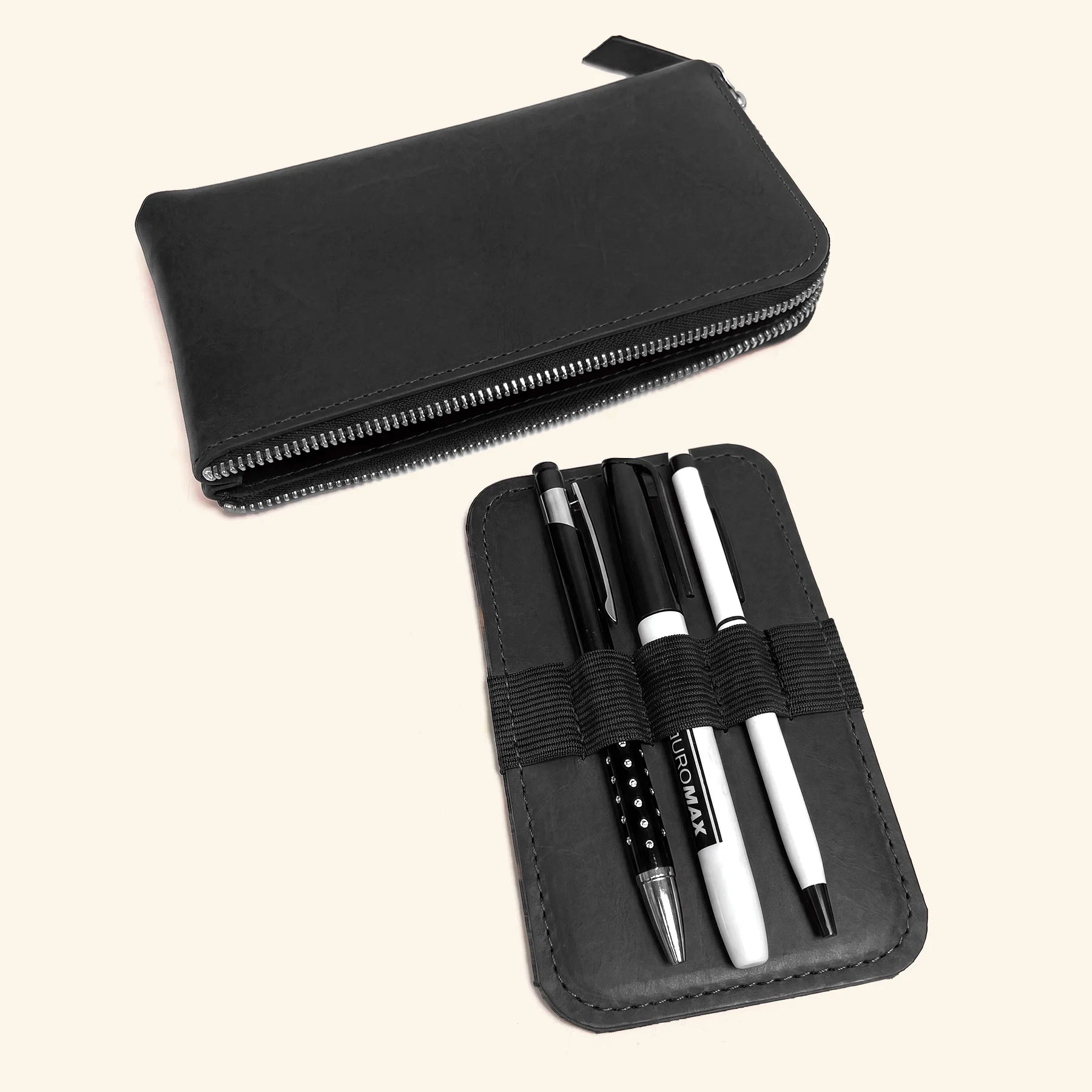 Elegant full-grain leather pencil organizer with zip and refined handcrafted finish.