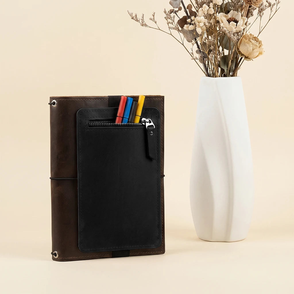 Functional leather notebook organizer pocket with elastic band support