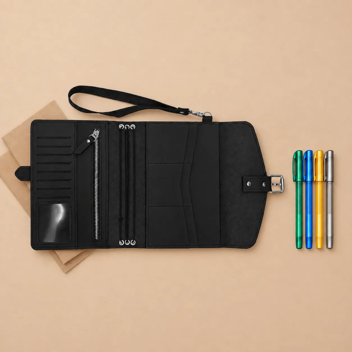 Crazy Horse leather journal case with multiple pockets and secure wrist carrying strap