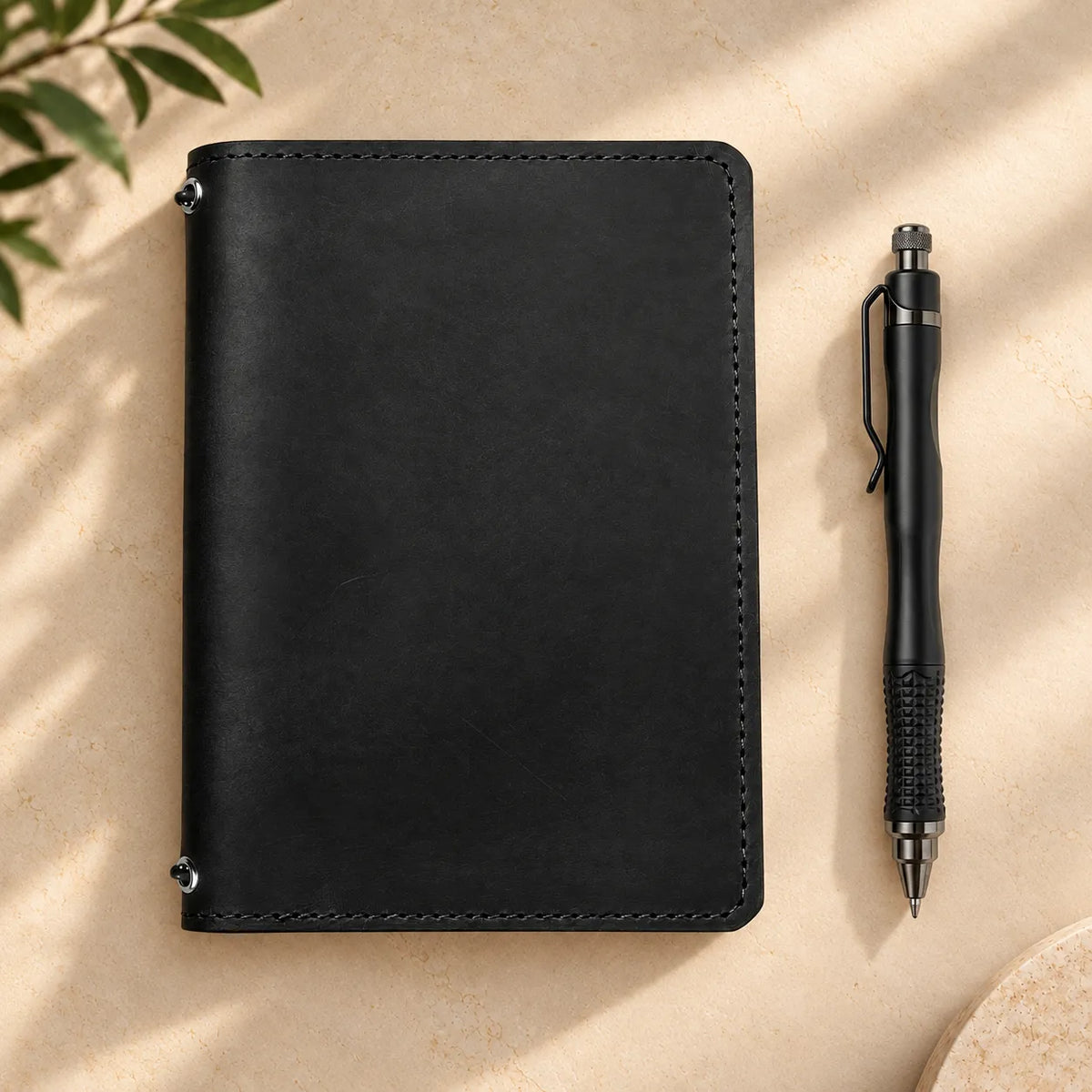 Genuine leather journal cover with two flexible elastic bands and useful inside pockets.
