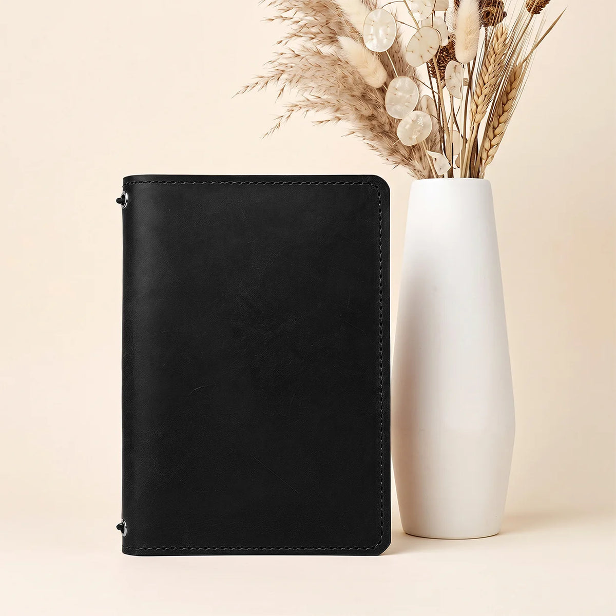 Rustic natural leather notebook cover with two elastic bands and inner compartments