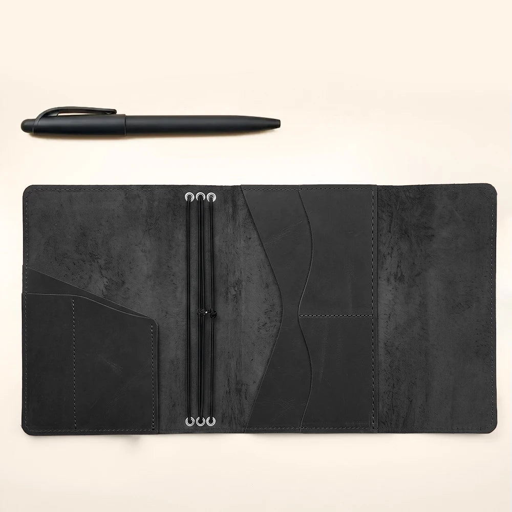 Handmade leather journal cover with premium finish, interior pockets, and refillable elastic bands.