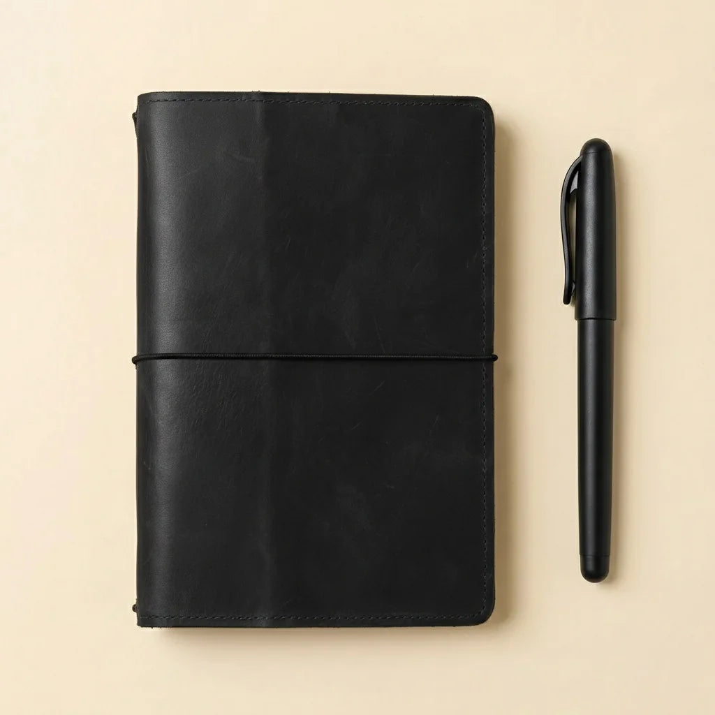 Black leather notebook and pen on a beige background