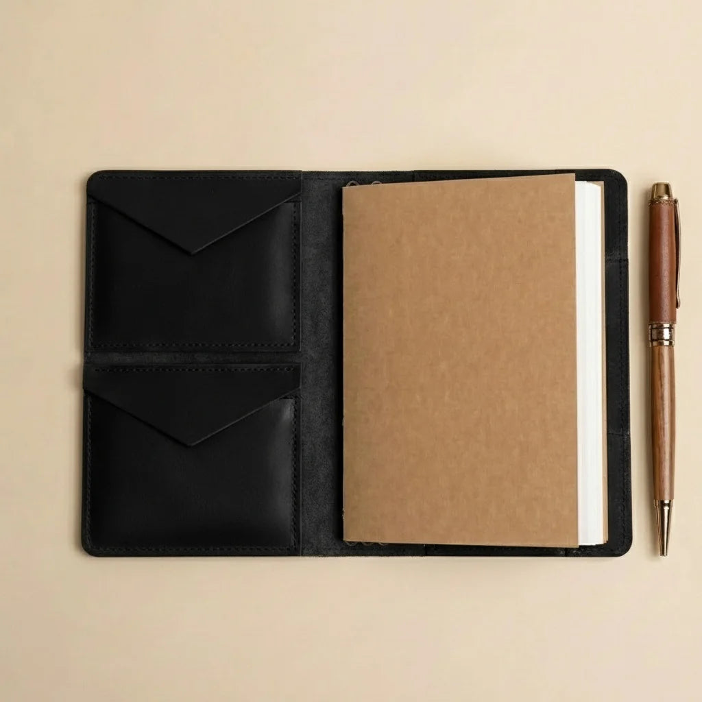 Black leather notebook cover with a brown notebook and pen on a beige background