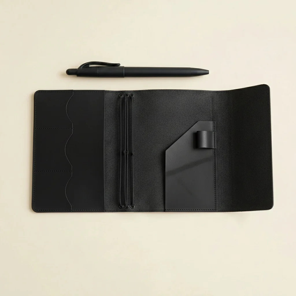 Black leather folio with pen on a beige background