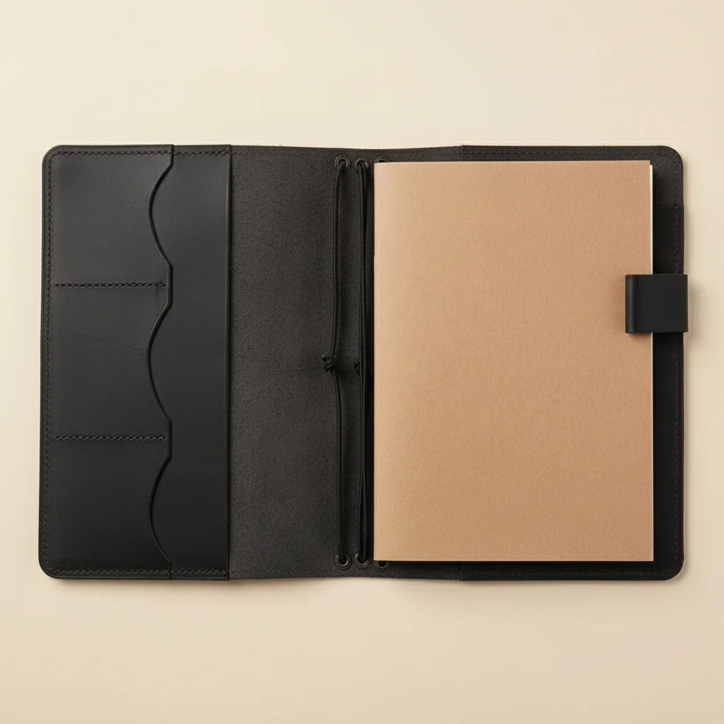 Black leather notebook cover with beige interior on a beige background