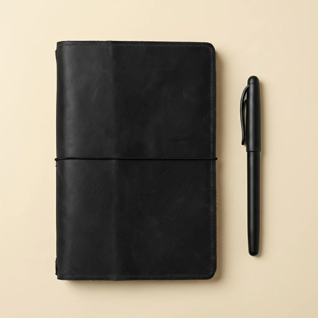 Black leather-bound notebook next to a white vase with dried flowers on a beige background