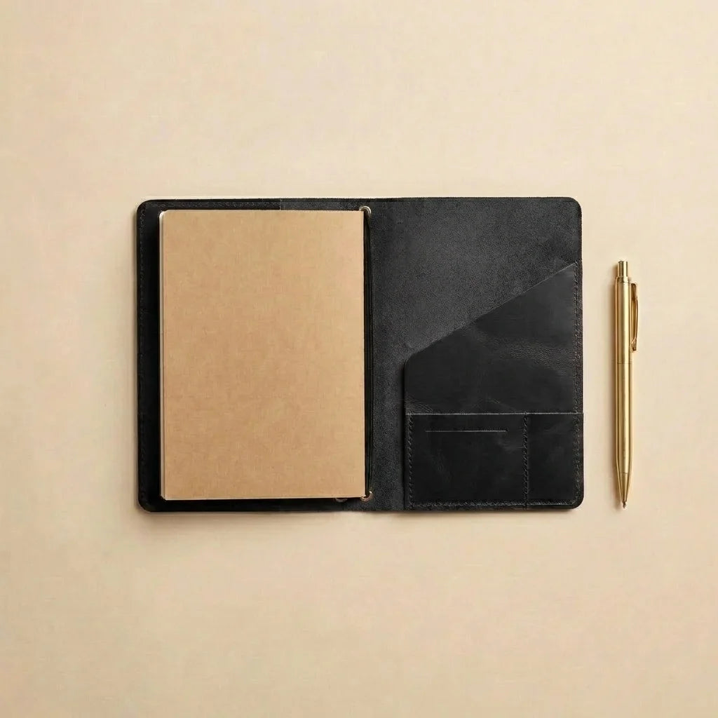 Black leather notebook with a gold pen on a beige background
