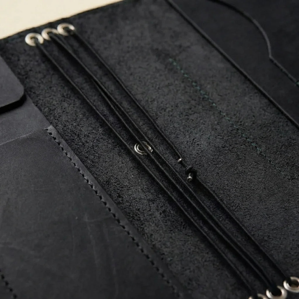 Close-up of a black leather product with stitching details