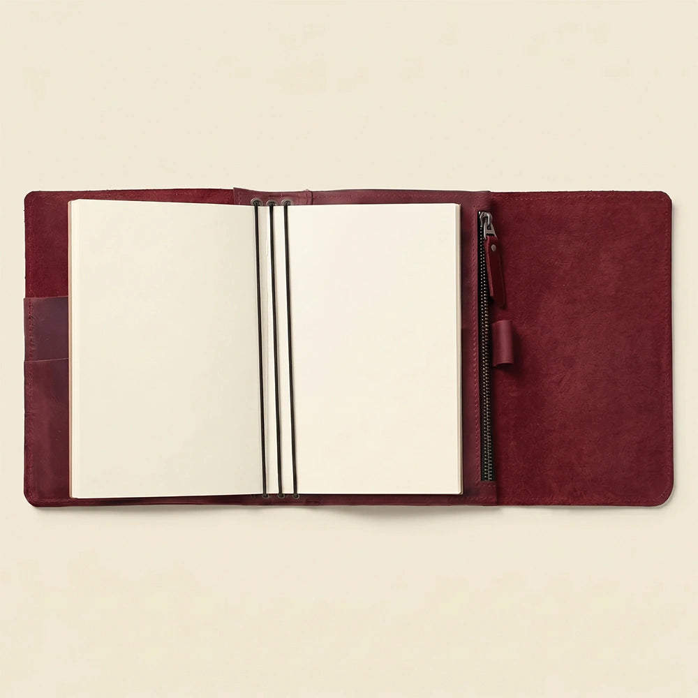 Premium leather notebook cover designed for daily writing and planning.