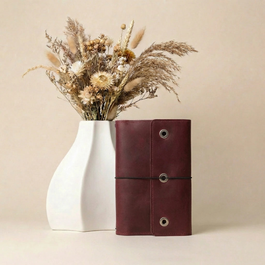 White vase with dried flowers next to a burgundy leather-bound notebook on a beige background
