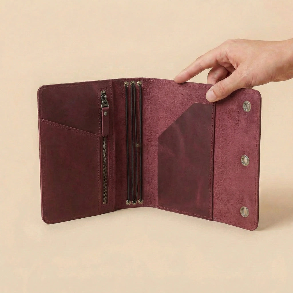 Hand holding a burgundy leather journal cover against a beige background