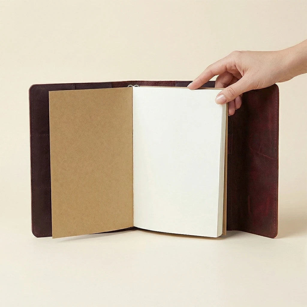 Open notebook with a hand holding it on a beige background