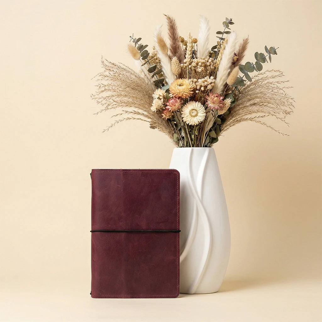 Maroon notebook next to a white vase with dried flowers on a beige background