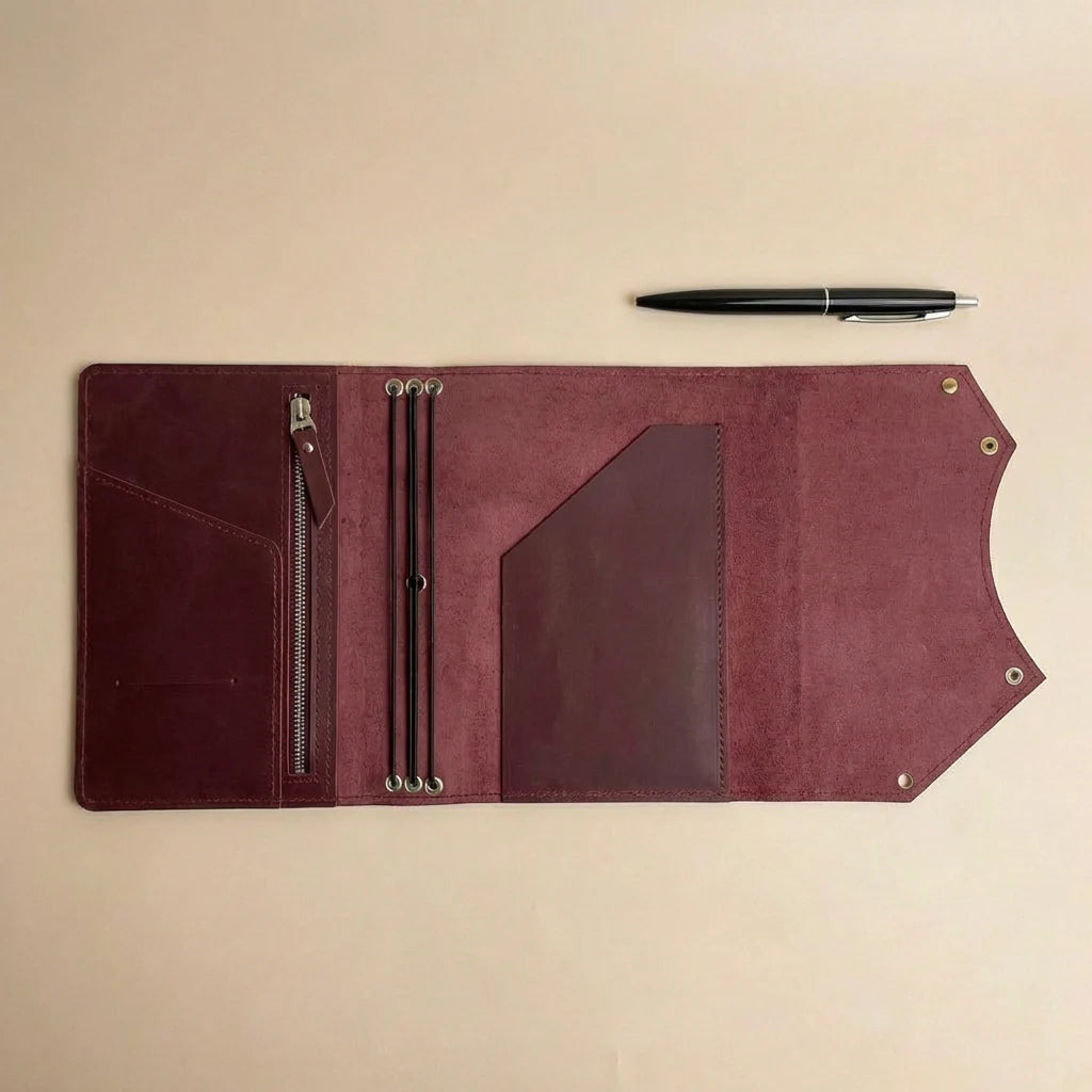 Brown leather journal cover with zipper pocket and pen on a beige background