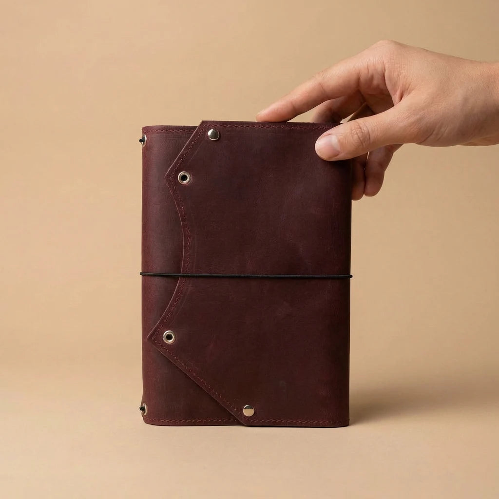 Hand holding a brown leather notebook against a beige background