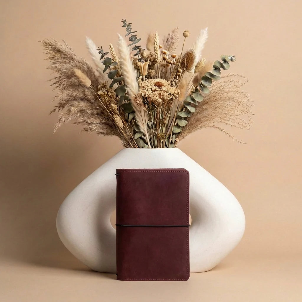White vase with dried flowers and a brown leather notebook on a beige background