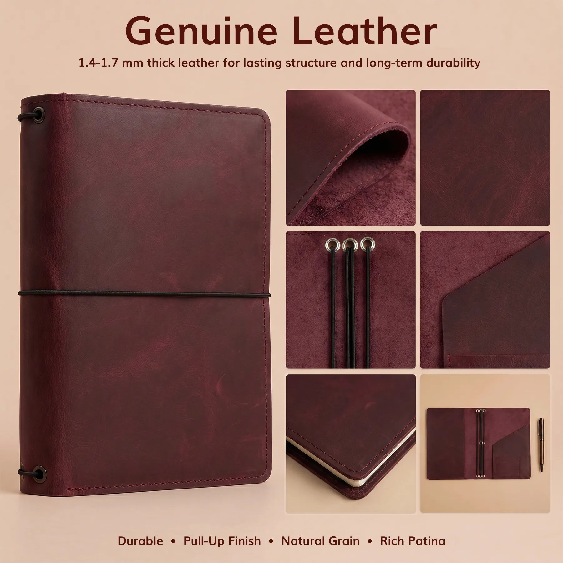 Genuine leather planner cover featuring pen loop and refillable notebook system