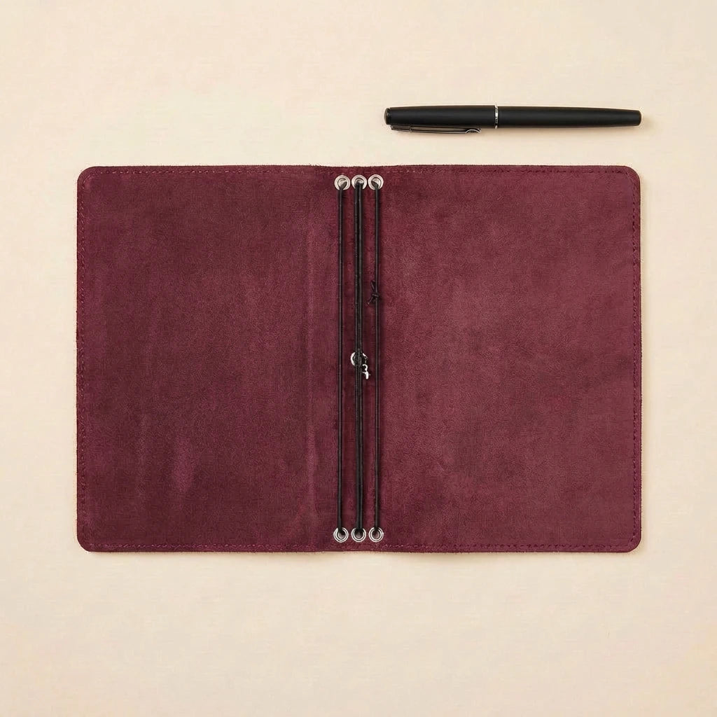 Maroon leather notebook with pen holder and a pen on a beige background