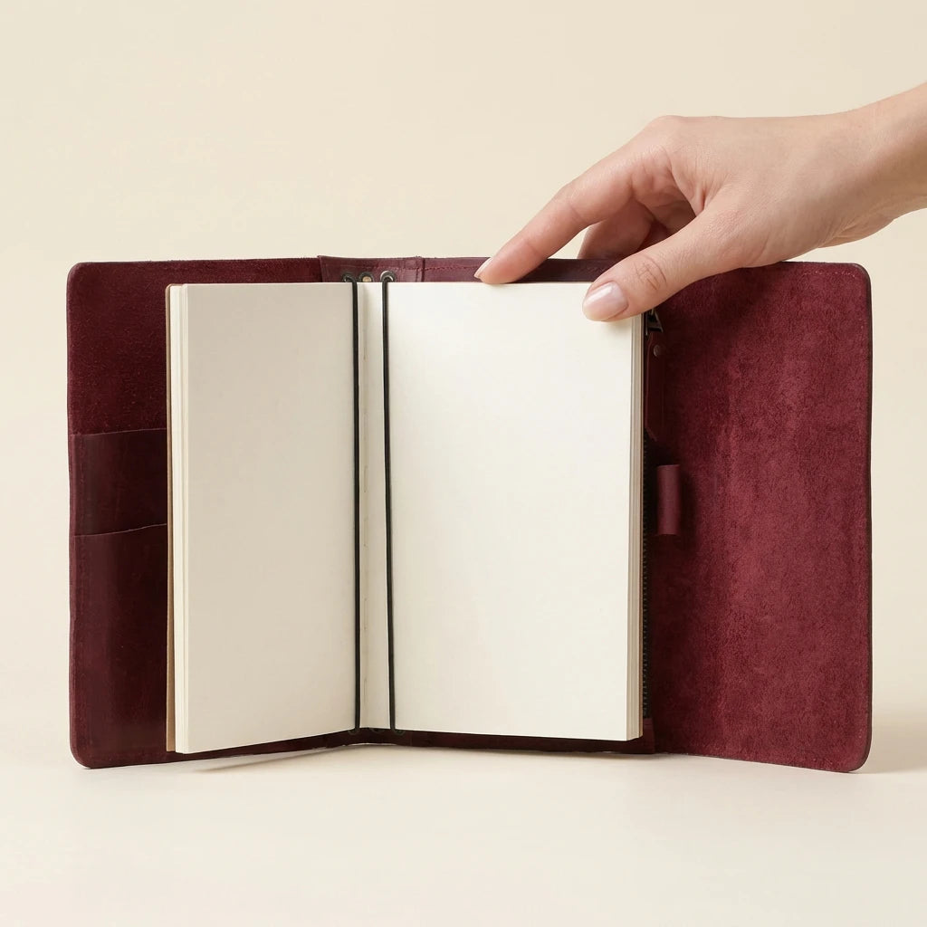 Hand holding a burgundy leather-bound notebook with a beige interior on a light beige background