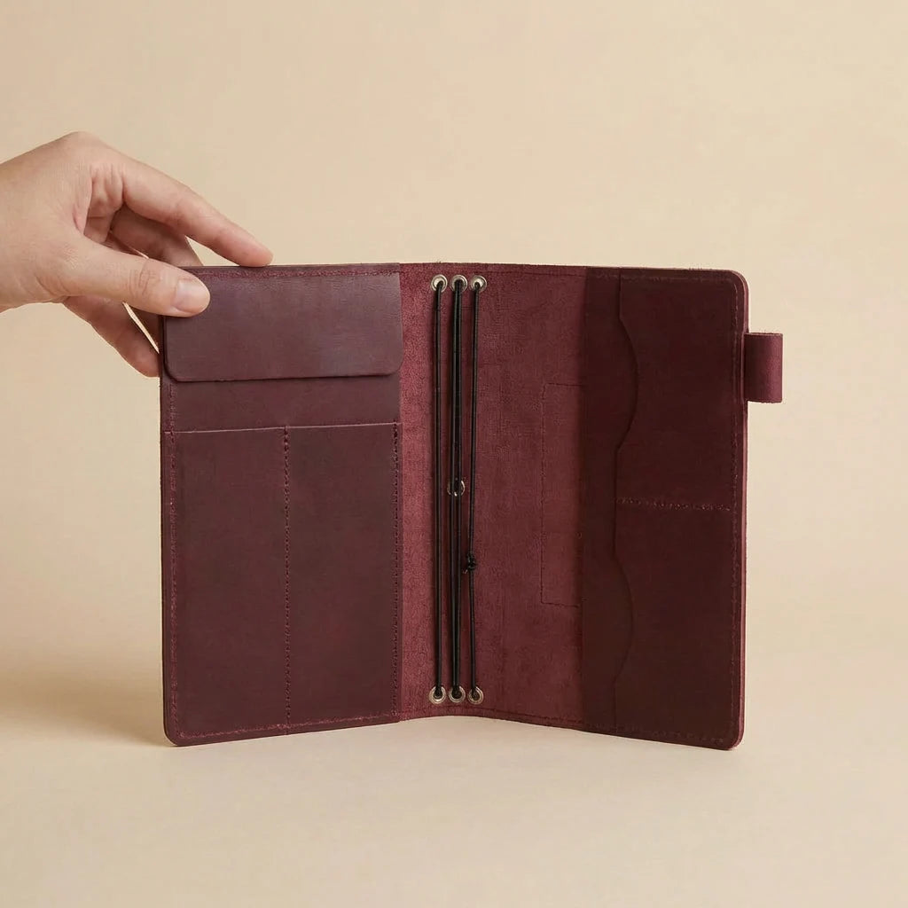 Brown leather journal cover held open by a hand on a beige background