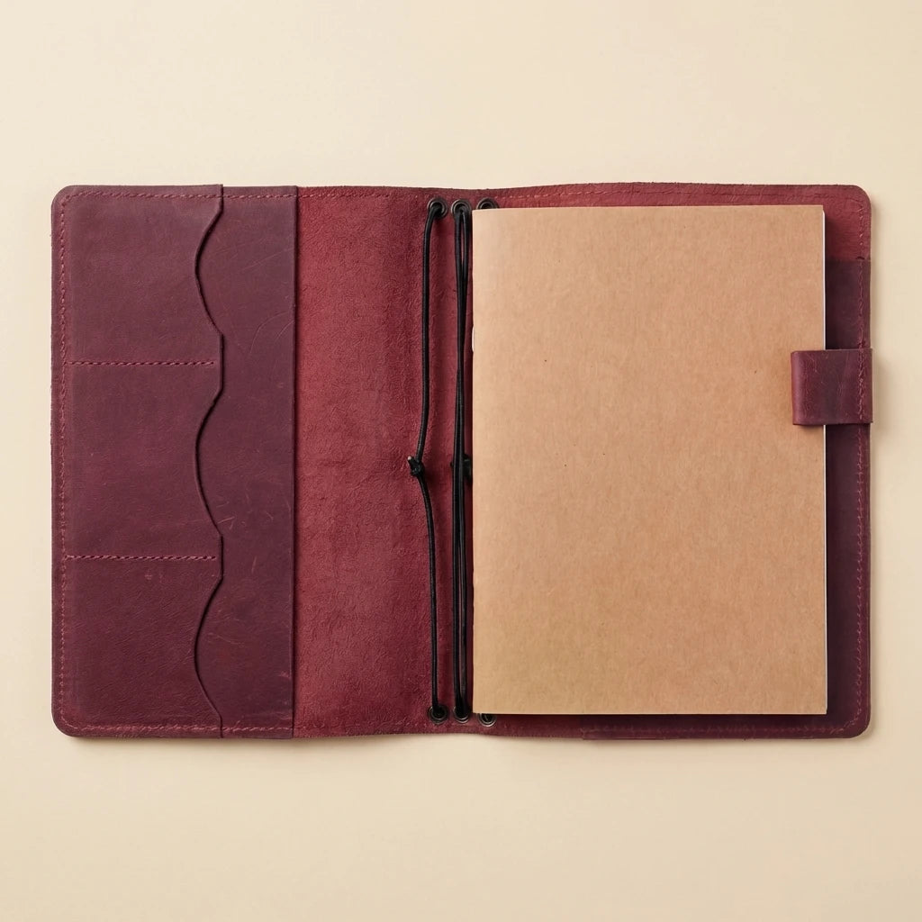 Open leather notebook with a beige interior on a beige background